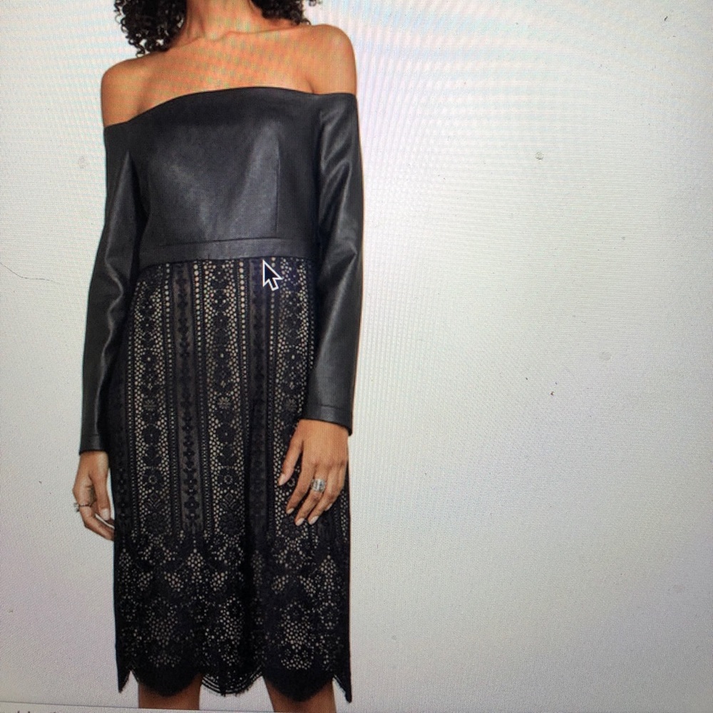 BCBG Nayara Leather and Lace Off Shoulder dress